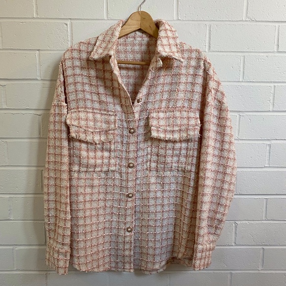 Oversized Pink & White Tweed Shirt Jacket